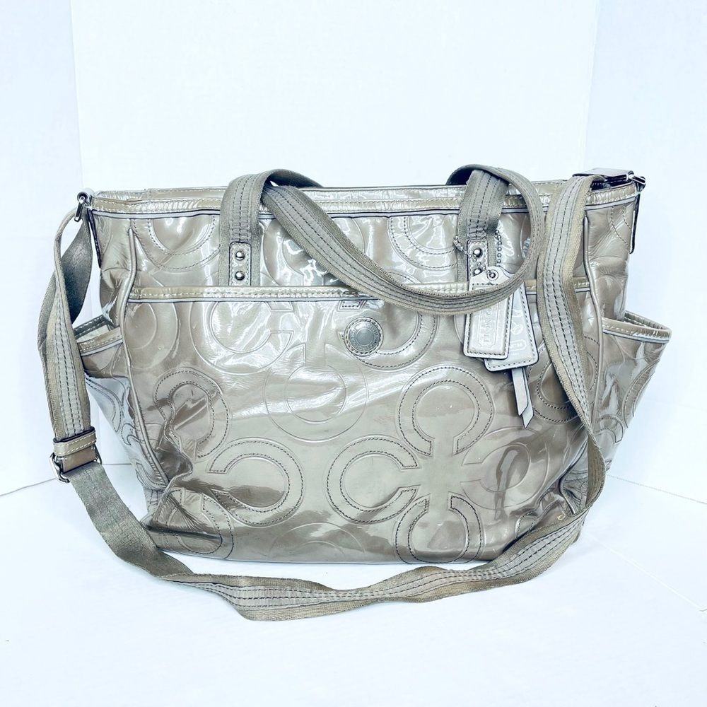 COACH 16977 Rare Gray Signature Patent Leather Tote Travel Diaper Bag